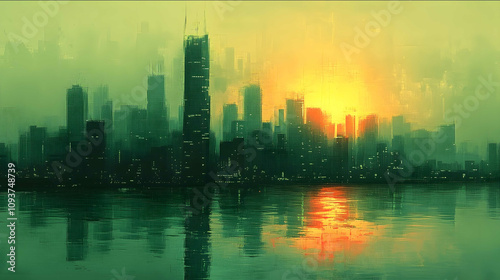 A digital artwork composed entirely of dots and lines in green tones this painting is about Shenzhen The style is reminiscent of digital glitch art focusing more on