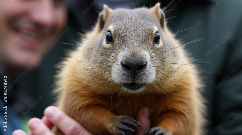 A close-up of Punxsutawney Phil, the famous groundhog, being held by a handler during the Groundhog Day celebration A close-up of Punxsutawney Phil, the famous groundhog, being held by a handler during the Groundhog Day celebration