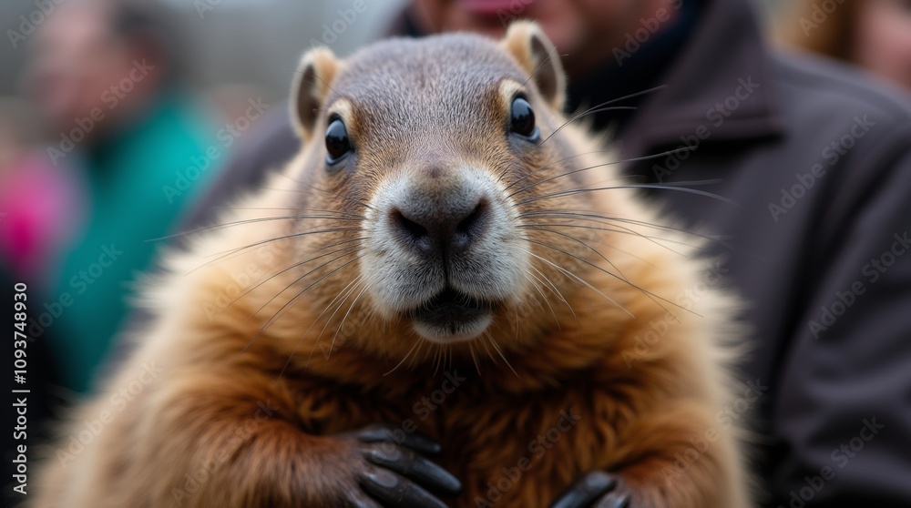 Fototapeta premium A close-up of Punxsutawney Phil, the famous groundhog, being held by a handler during the Groundhog Day celebration