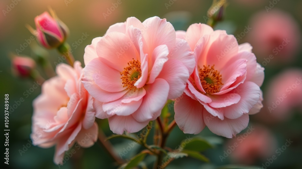 Fototapeta premium A close-up of wild rose flowers in full bloom, showcasing their delicate petals and vibrant colors, with soft natural lighting enhancing the details