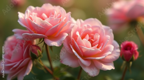 A close-up of wild rose flowers in full bloom, showcasing their delicate petals and vibrant colors, with soft natural lighting enhancing the details