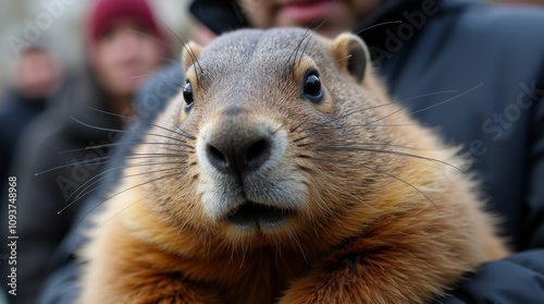 A close-up of Punxsutawney Phil, the famous groundhog, being held by a handler during the Groundhog Day celebration photo