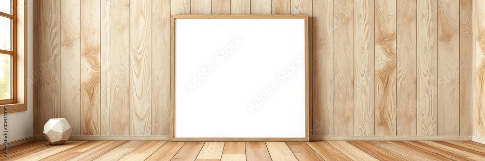 Empty wooden frame mockup on a clean wooden floor, wooden, background Empty wooden frame mockup on a clean wooden floor, wooden, background