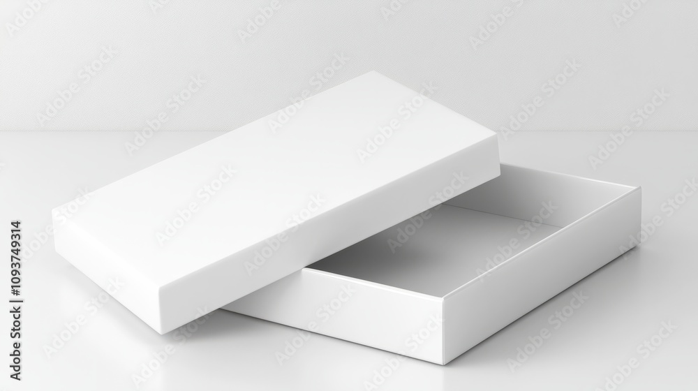 A rectangular, glossy white gift box, displayed with the lid slightly open on a smooth white surface A rectangular, glossy white gift box, displayed with the lid slightly open on a smooth white surface