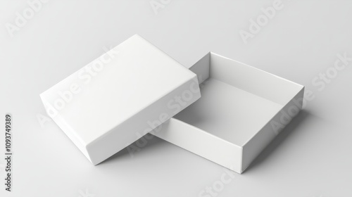 A rectangular  glossy white gift box  displayed with the lid slightly open on a smooth white surface