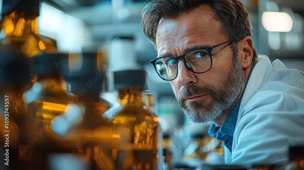 A scientist looks intently at beakers in a lab A scientist looks intently at beakers in a lab
