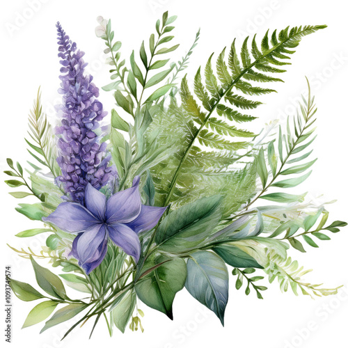 Green Vine Isolated on Transparent Background with Watercolor Fern Leaves and Lavender Flowers for Wedding Stationery photo