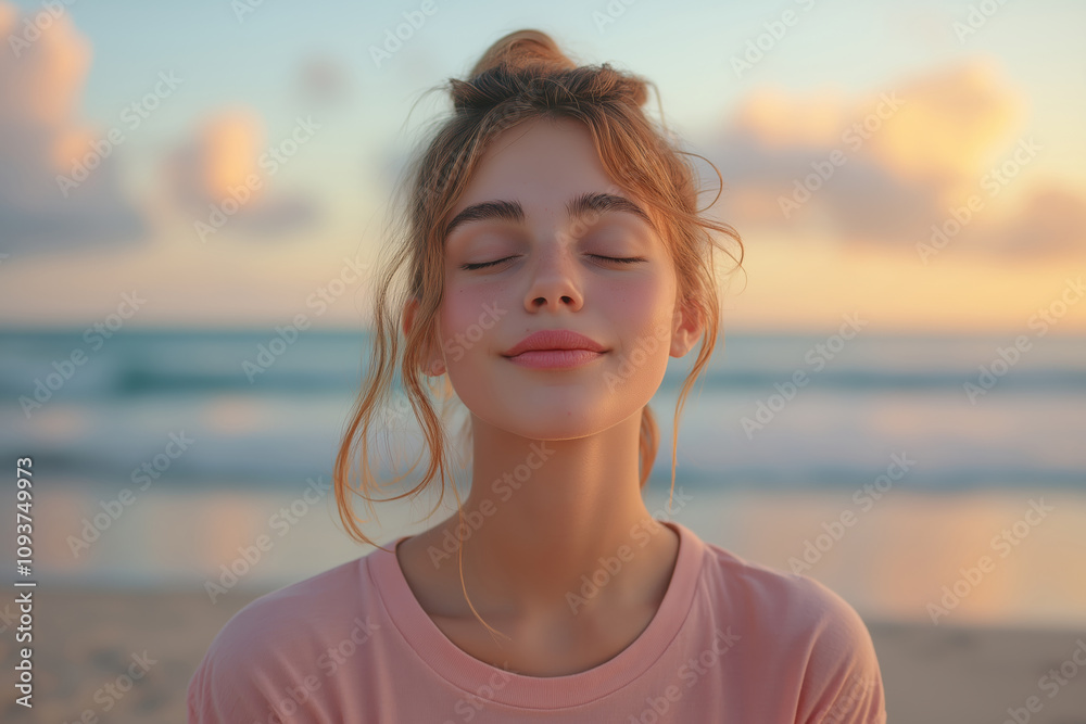 Serene young woman enjoying peaceful sunset at beach with eyes closed, embracing tranquility and relaxation on a calm evening