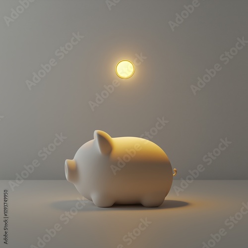 Minimalistic image of a ceramic piggy bank with a glowing coin on the wall symbolizing saving, finance, and economic prosperity