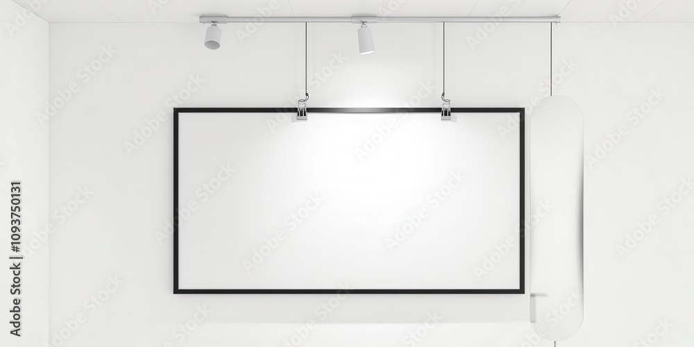 Realistic hanging poster mockup with a sleek modern design, showcasing an empty frame suspended by clips against a clean white wall, decoration, showcase