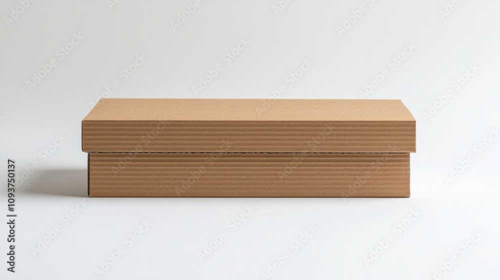 A rectangular shipping box with detailed corrugated texture, placed on a plain white surface A rectangular shipping box with detailed corrugated texture, placed on a plain white surface