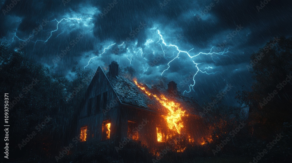 Abandoned house on fire during thunderstorm, lightning in dark rainy sky, intense atmosphere, burning structure, eerie scene, dramatic night, rural danger, stormy night Abandoned house on fire during thunderstorm, lightning in dark rainy sky, intense atmosphere, burning structure, eerie scene, dramatic night, rural danger, stormy night