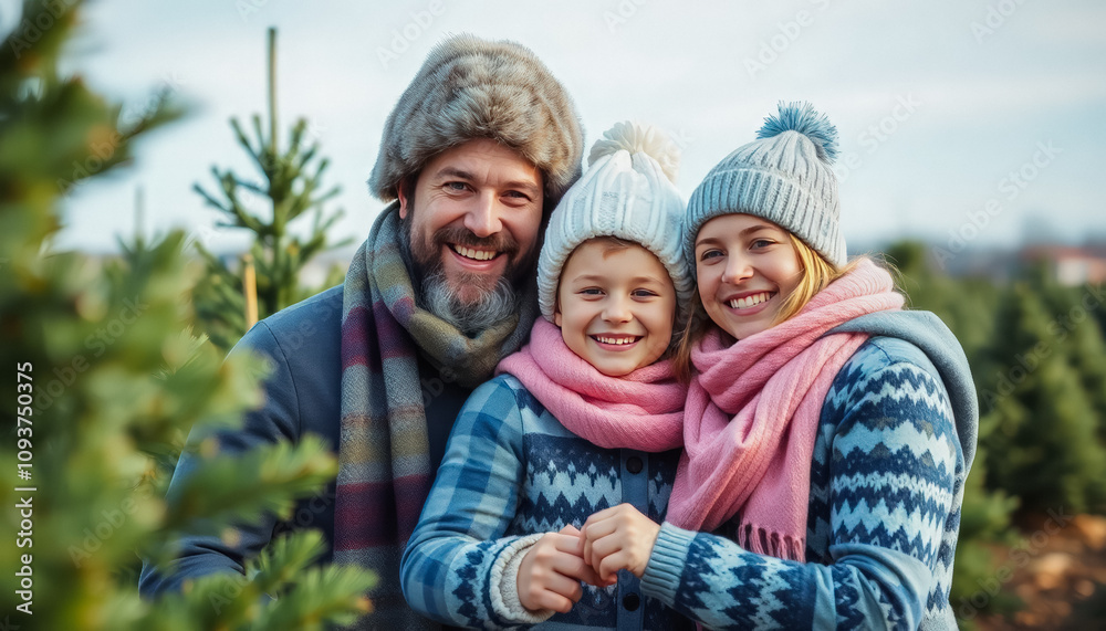 Happy Family Choosing Christmas Tree at Tree Lot Happy Family Choosing Christmas Tree at Tree Lot