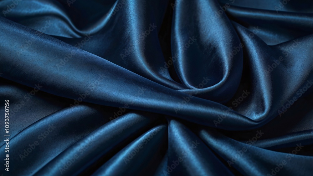 Fototapeta premium Dark Blue Satin Fabric in Sensual Flowing Folds, Captured with Moody Lighting and Rich Sheen V1