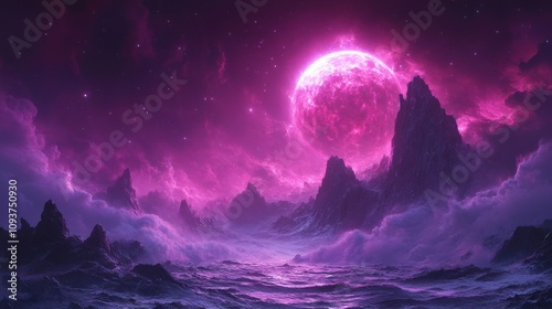 Wallpaper Mural Fantasy pink moon over snowy mountain landscape, otherworldly scene, vibrant twilight, celestial body, surreal alien landscape, mysterious night, cosmic atmosphere, fantasy background Torontodigital.ca