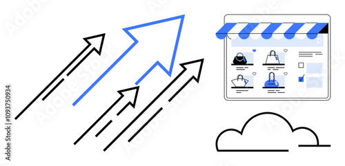 Arrows directed at online store frontend showcasing products. Ideal for e-commerce, growth strategy, market expansion, online shopping, digital marketing, business growth, and sales increase. Line