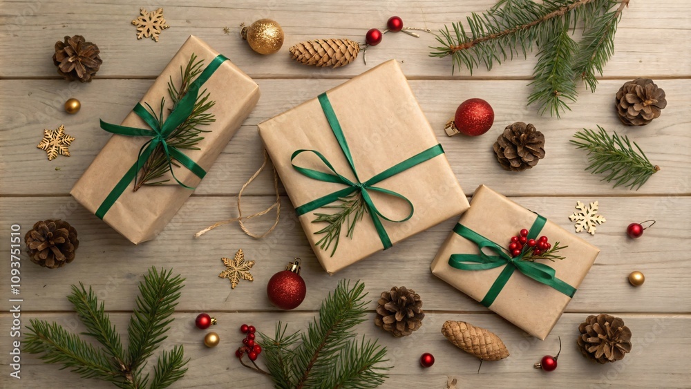 Obraz premium Elegant Christmas Flat Lay Kraft-Wrapped Gifts with Pine Accents, and Festive Ornaments on a Rustic Wooden Table V10