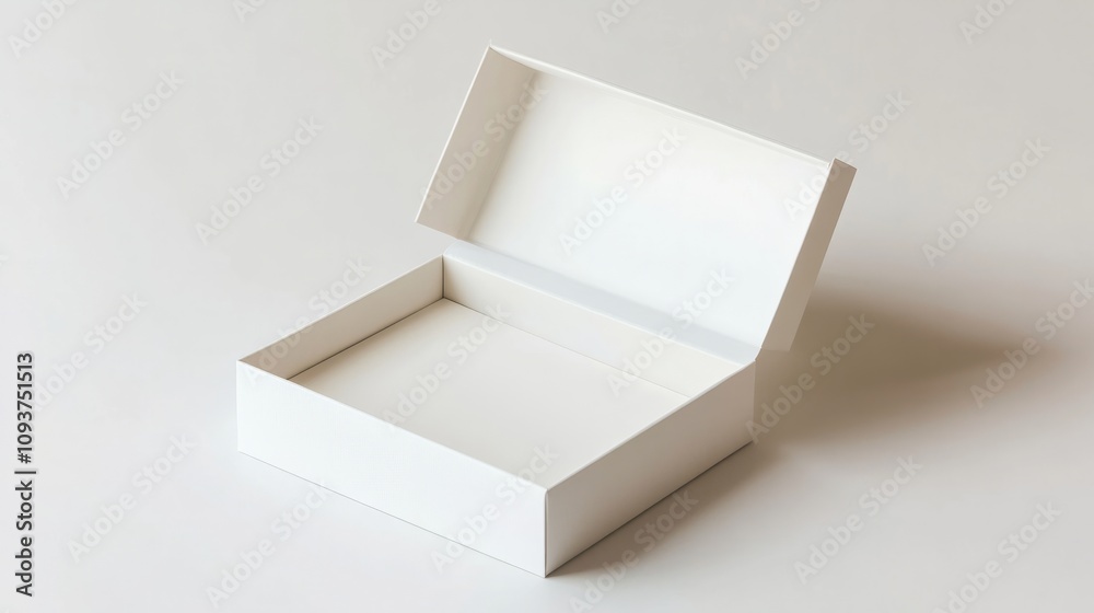A rigid white box with a magnetic closure, displayed open on a clean white surface A rigid white box with a magnetic closure, displayed open on a clean white surface