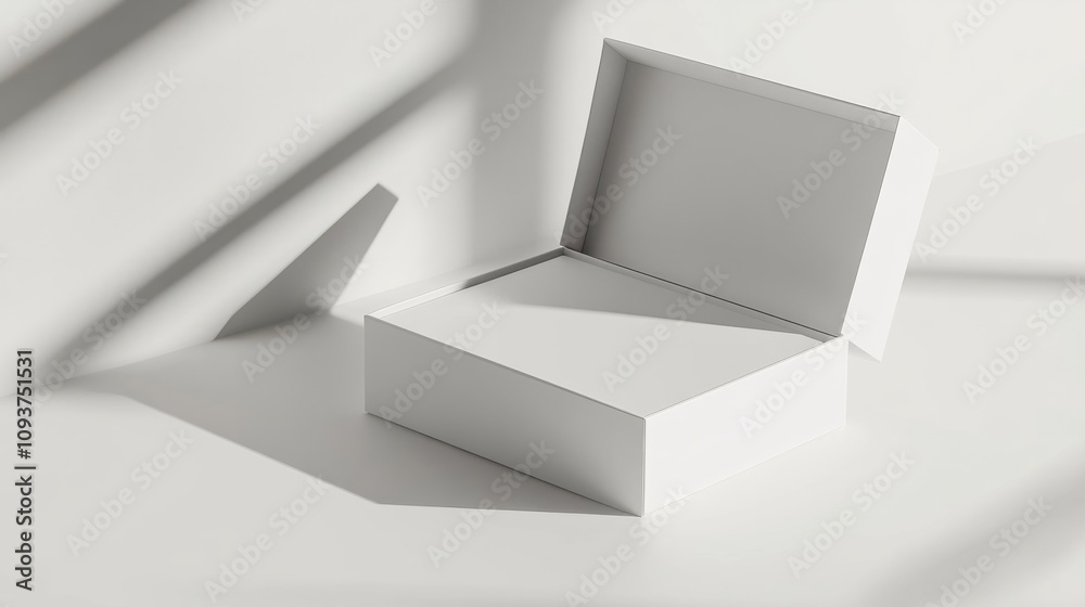A rigid white box with a magnetic closure, displayed open on a clean white surface A rigid white box with a magnetic closure, displayed open on a clean white surface