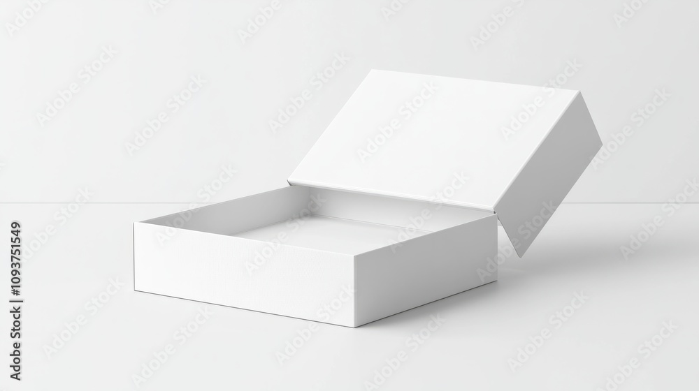 A rigid white box with a magnetic closure, displayed open on a clean white surface A rigid white box with a magnetic closure, displayed open on a clean white surface