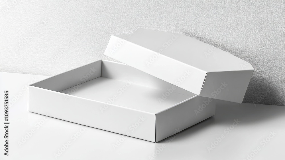 A rigid white box with a magnetic closure, displayed open on a clean white surface A rigid white box with a magnetic closure, displayed open on a clean white surface