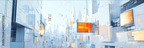 digital cityoverlookclean white backgroundsoft lightforsted glass buildingssome advertising screens on the walllow detailbig datawhite and blue colororange lightC4D photo