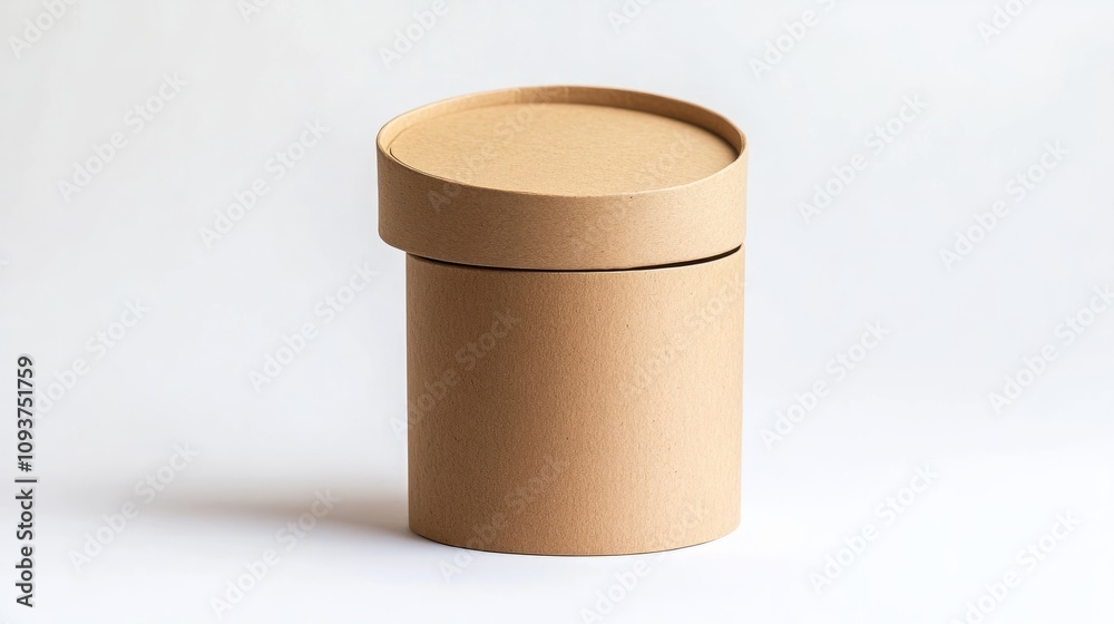 A round, cylindrical kraft paper box with a removable lid, placed in the center of a white backdrop A round, cylindrical kraft paper box with a removable lid, placed in the center of a white backdrop