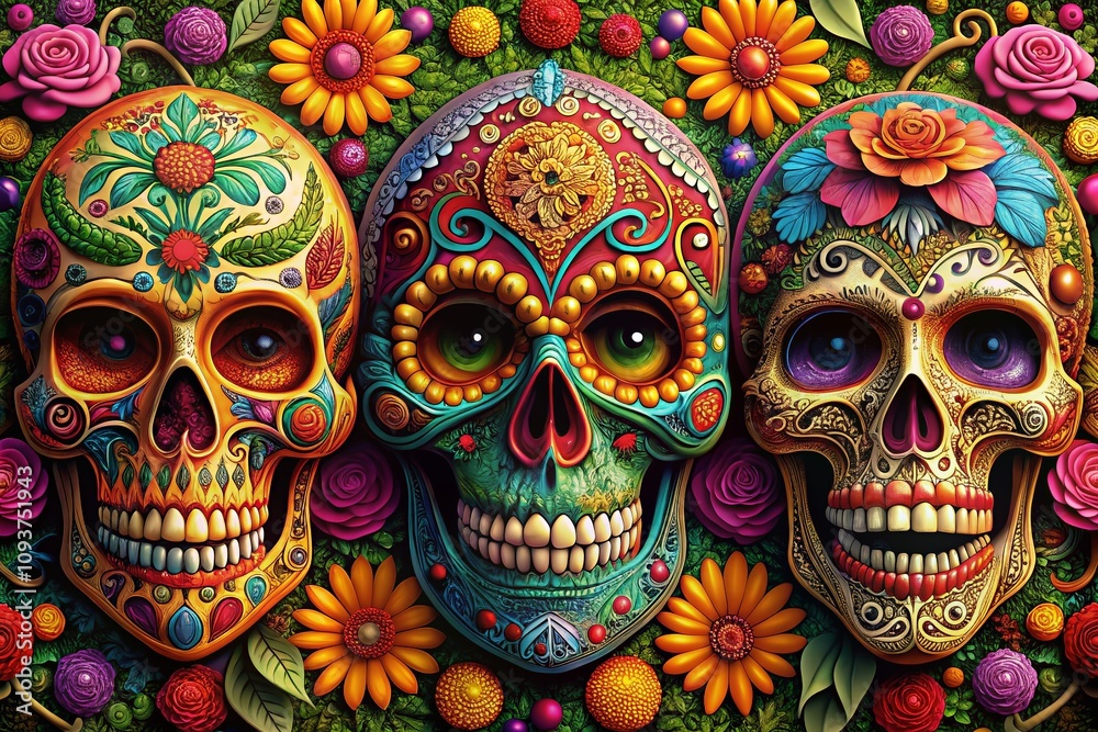 Vibrant Set of Three Sugar Skulls with Unique Decorations for Dia de los Muertos and Halloween Celebrations, Showcasing Hand-Drawn Artistic Elements and Cultural Significance Vibrant Set of Three Sugar Skulls with Unique Decorations for Dia de los Muertos and Halloween Celebrations, Showcasing Hand-Drawn Artistic Elements and Cultural Significance