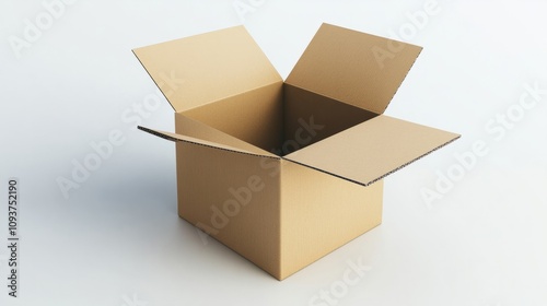 A simple brown cardboard box with open flaps, revealing the interior, on a smooth white surface 