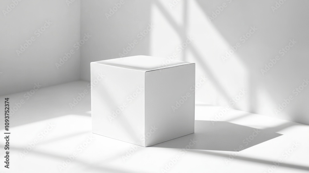 A simple white cube-shaped box with sharp edges, casting soft shadows on a clean white surface A simple white cube-shaped box with sharp edges, casting soft shadows on a clean white surface