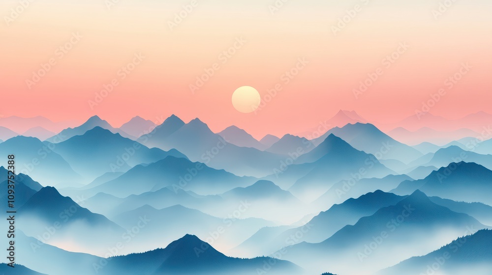 Serene mountain landscape with a soft sunrise in pastel colors. Serene mountain landscape with a soft sunrise in pastel colors.
