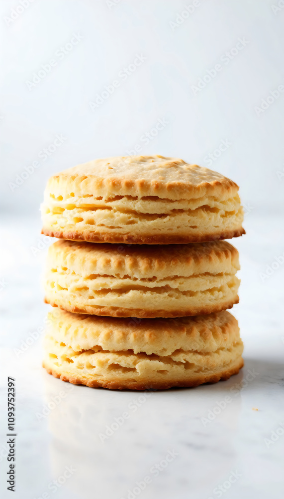 A tempting stack of golden, flaky buttermilk biscuits on a light background, perfect for breakfast or brunch settings. Ideal for food photography. A tempting stack of golden, flaky buttermilk biscuits on a light background, perfect for breakfast or brunch settings. Ideal for food photography.