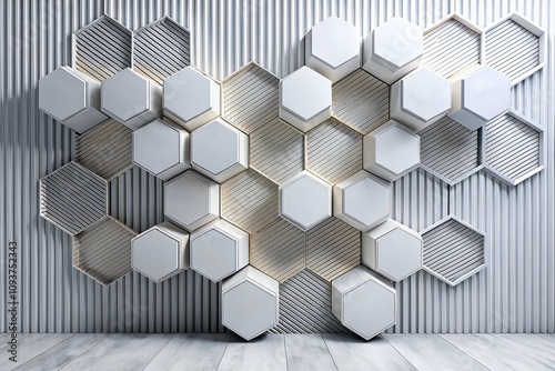 Abstract White and Gray Stripes Background with Hexagonal 3D Shapes for Modern Design Aesthetic in Minimalist Interior Spaces and Digital Artworks photo