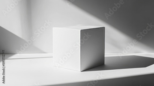 A simple white cube-shaped box with sharp edges, casting soft shadows on a clean white surface