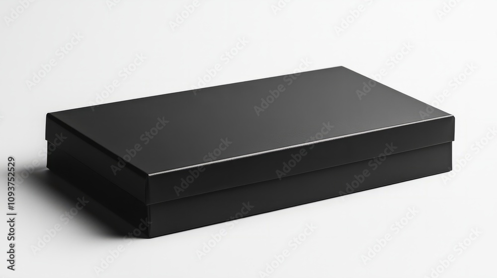 A sleek black rectangular box with sharp edges, closed, against a white background 