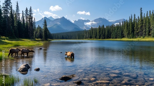 A clear mountain lake along whose shores wild animals photo