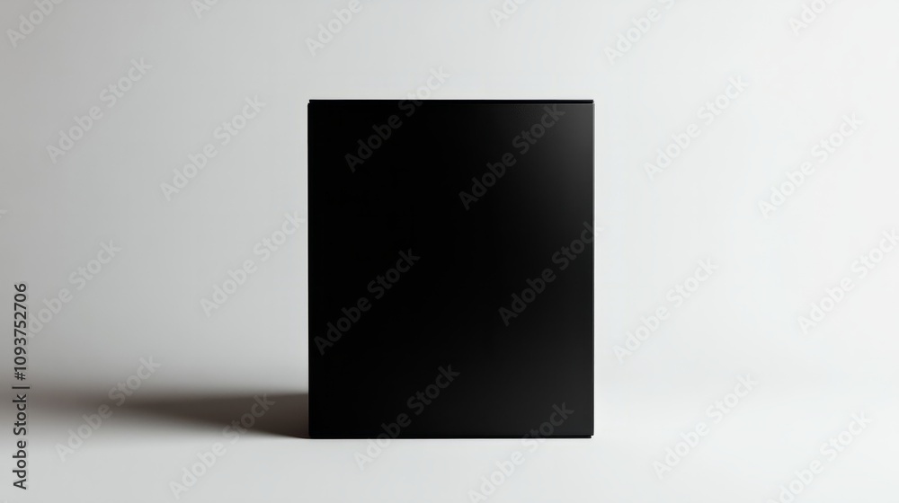 A sleek matte black box with a simple design, standing upright on a plain white backdrop A sleek matte black box with a simple design, standing upright on a plain white backdrop