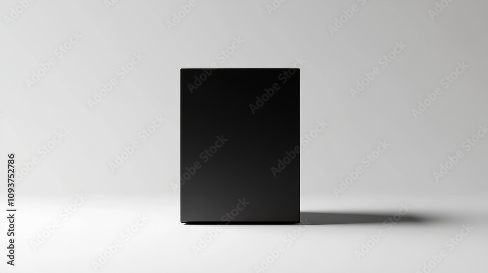 A sleek matte black box with a simple design, standing upright on a plain white backdrop A sleek matte black box with a simple design, standing upright on a plain white backdrop