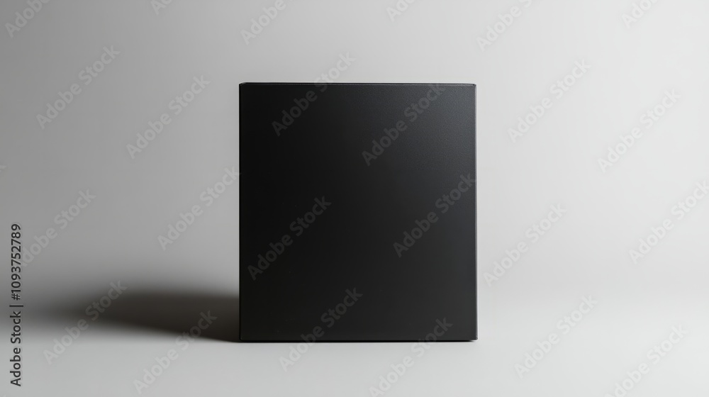 A sleek matte black box with a simple design, standing upright on a plain white backdrop A sleek matte black box with a simple design, standing upright on a plain white backdrop