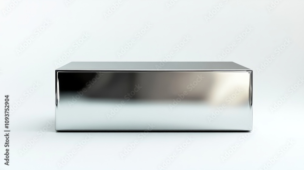 A sleek, metallic box with a reflective surface, showing light reflections against the white background A sleek, metallic box with a reflective surface, showing light reflections against the white background