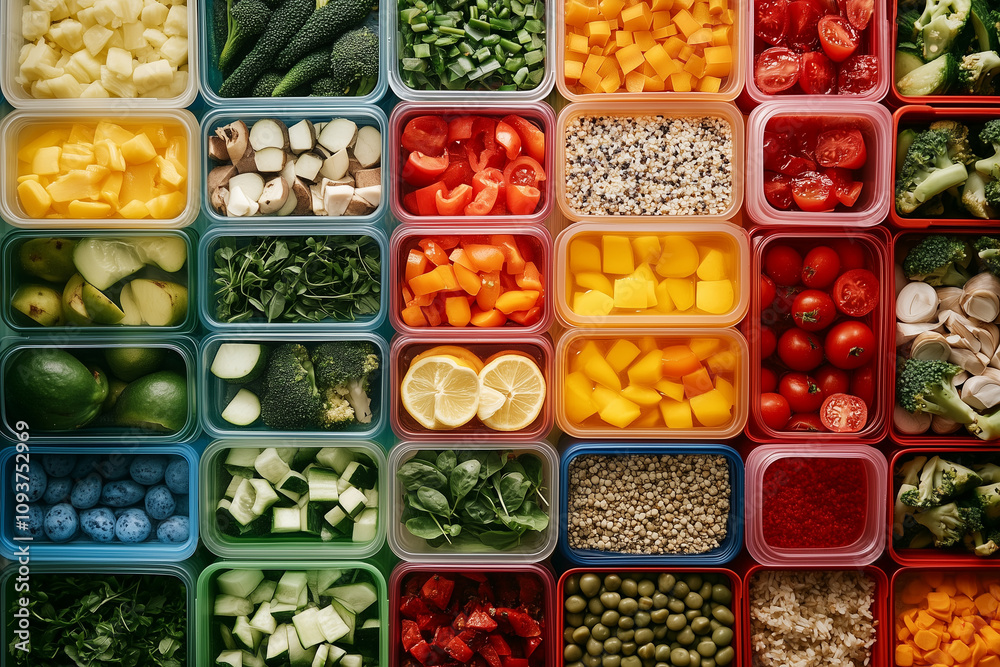 A colorful arrangement of chopped fruits and vegetables in transparent containers, showcasing a variety of fresh ingredients like broccoli, tomatoes, and tropical fruits. A colorful arrangement of chopped fruits and vegetables in transparent containers, showcasing a variety of fresh ingredients like broccoli, tomatoes, and tropical fruits.