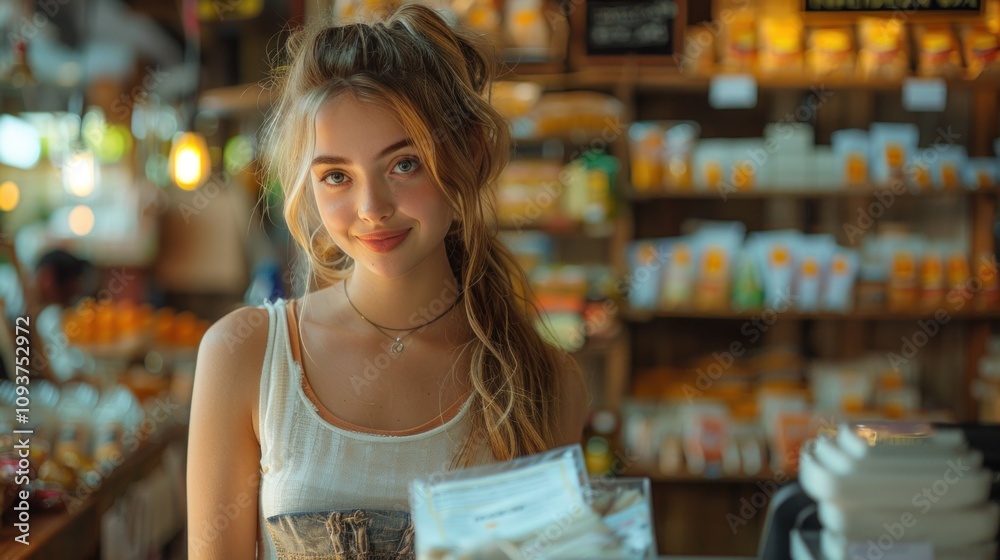 Young Female Shopkeeper Ringing Up Purchases for a Customer in a Trendy Urban Store
