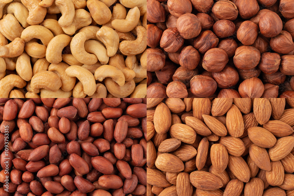 Top view of many different nuts close up. Cashews, hazelnuts, peanuts Top view of many different nuts close up. Cashews, hazelnuts, peanuts