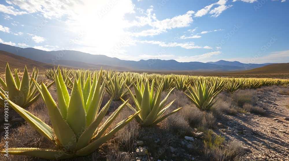 A cluster of aloe vera plants in a vast sunny desert A cluster of aloe vera plants in a vast sunny desert