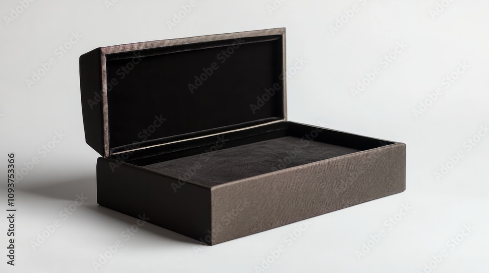 A sleek rectangular luxury box with soft velvet lining, partially open, on a white background A sleek rectangular luxury box with soft velvet lining, partially open, on a white background
