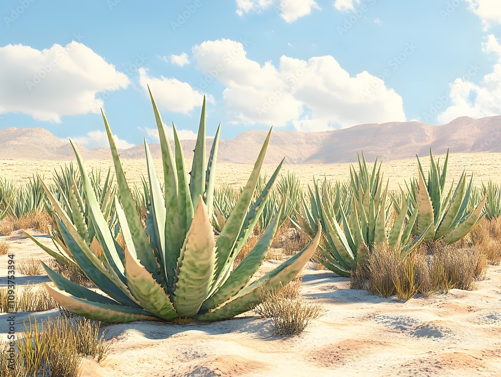 A cluster of aloe vera plants in a vast sunny desert A cluster of aloe vera plants in a vast sunny desert