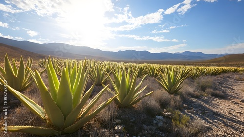 A cluster of aloe vera plants in a vast sunny desert photo