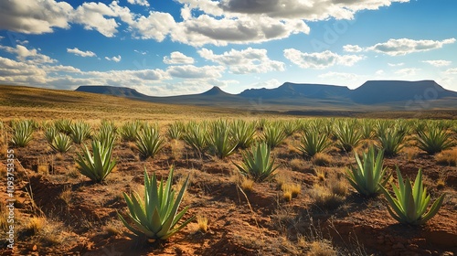 A cluster of aloe vera plants in a vast sunny desert photo