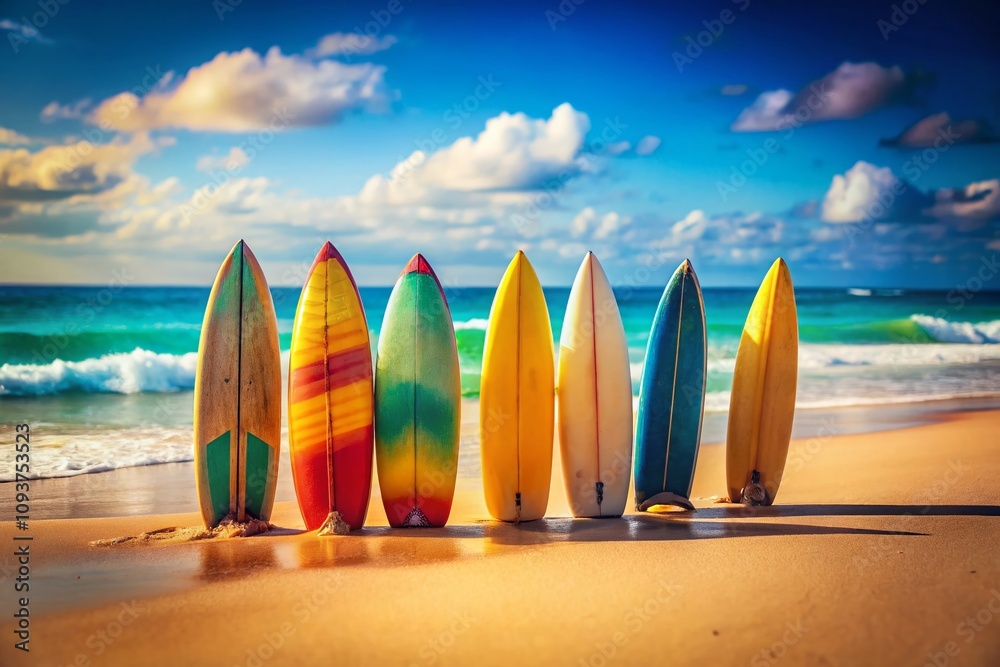 Vibrant Surfboards Displayed on a Sandy Beach with Ocean Waves Crashing in the Background, Capturing the Essence of Summer and Beach Culture in a Tilt-Shift Perspective Vibrant Surfboards Displayed on a Sandy Beach with Ocean Waves Crashing in the Background, Capturing the Essence of Summer and Beach Culture in a Tilt-Shift Perspective
