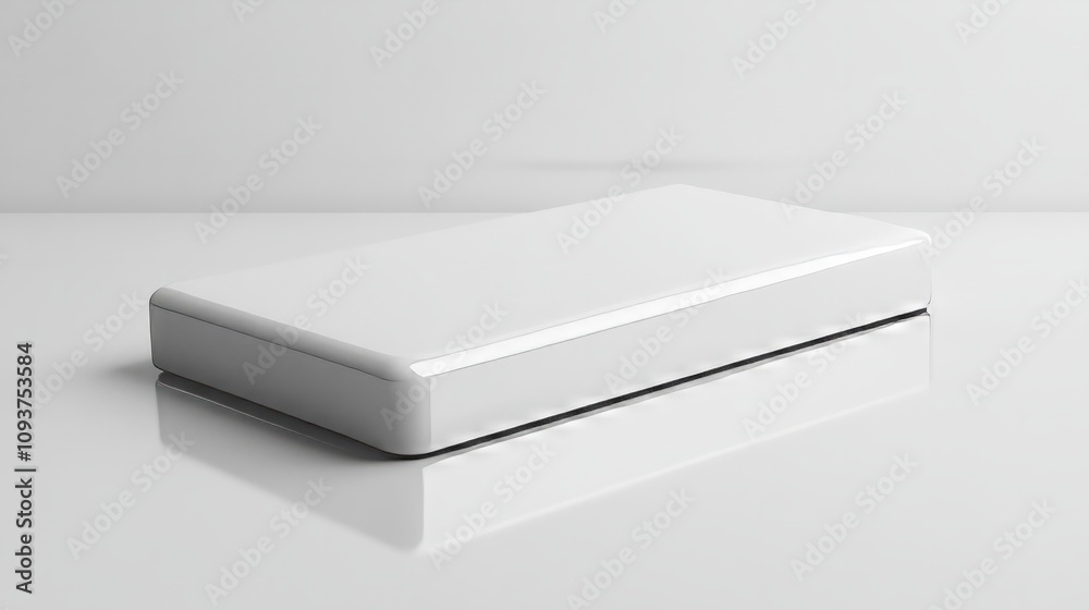 A sleek rectangular white box with rounded corners, resting neatly on a glossy white surface A sleek rectangular white box with rounded corners, resting neatly on a glossy white surface